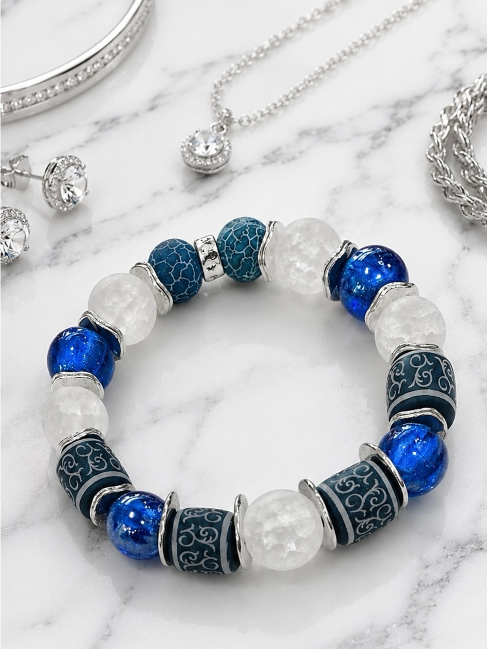 Hand Crafted Blue Gemstone Beaded Bracelet 7 3/4”